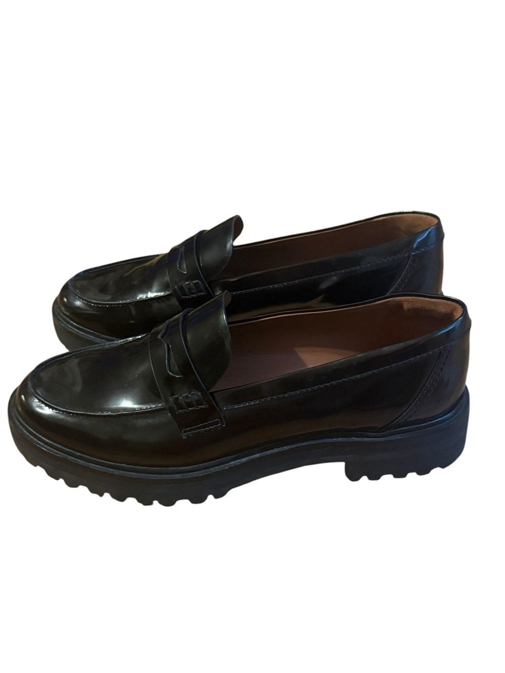 Reformation NWOT Agathea Chunky Penny Loafer Black Patent Leather Lug Sole Size